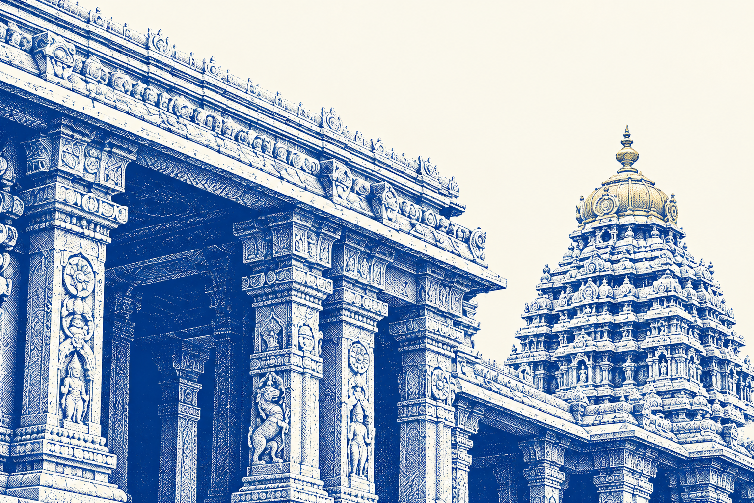 Intricately carved stone pillars and the tower of Iraivan Temple, illustrated in blue engraving.